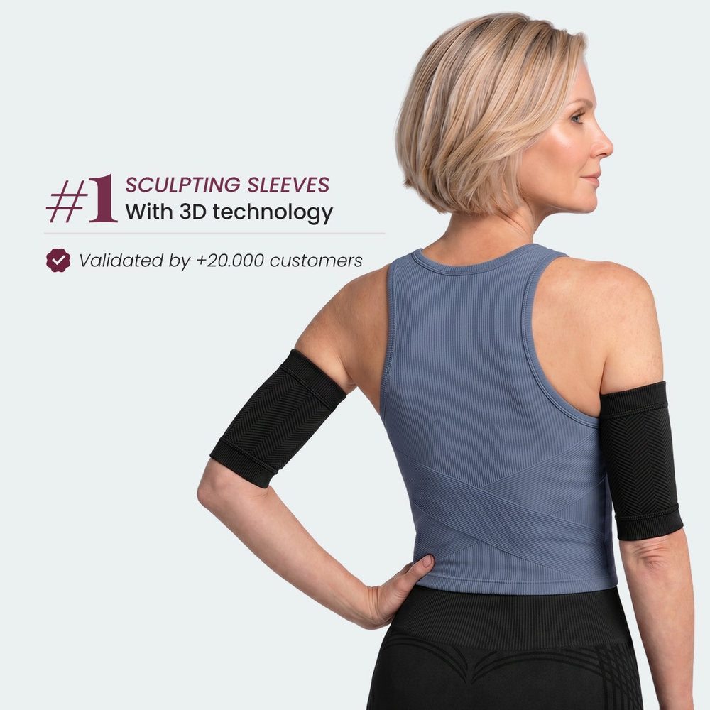 The Leonie & Co 3D Sculpting Arm Sleeves in black, worn on both arms