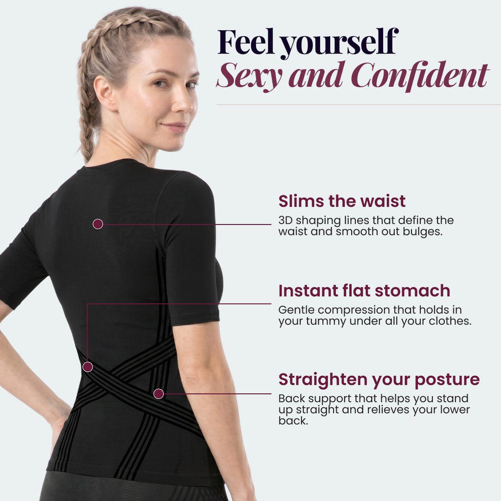 Three features of the 3D Sculpting T-Shirt: waist, midsection and posture