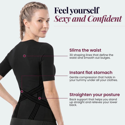 Three features of the 3D Sculpting T-Shirt: waist, midsection and posture