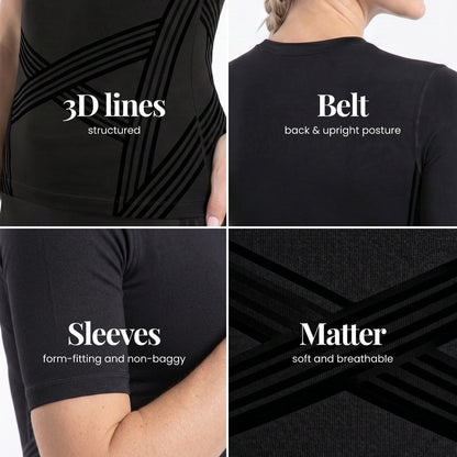 Close-up details of the 3D Sculpting T-Shirt: knitted 3D lines, back band, fitted sleeves and fabric
