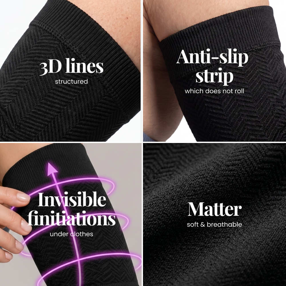 Close-up details of the arm sleeves: knitted 3D lines, ribbed anti-slip band and fabric