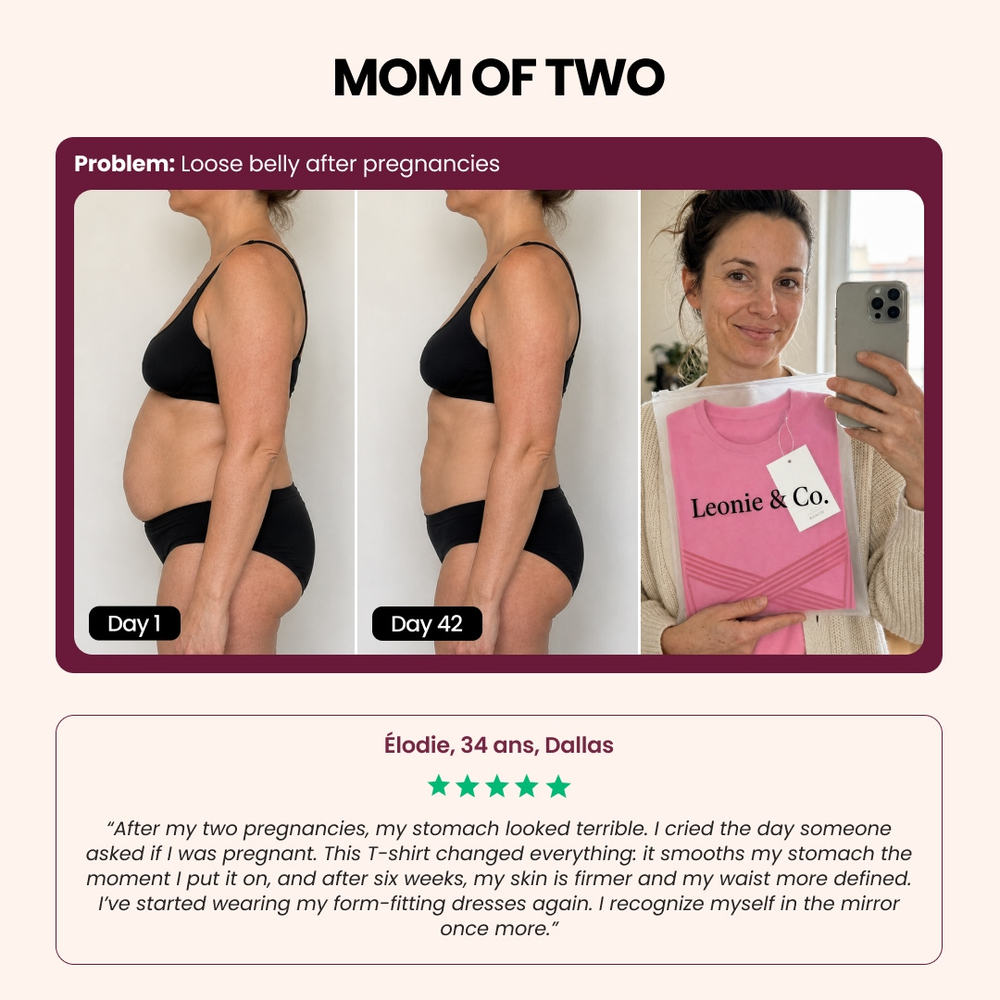 Customer review: Elodie, 34, Dallas, mother of two, on wearing the 3D Sculpting T-Shirt
