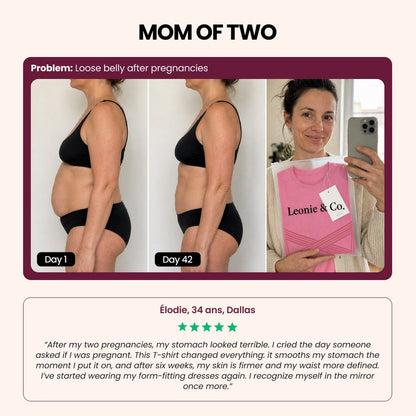 Customer review: Elodie, 34, Dallas, mother of two, on wearing the 3D Sculpting T-Shirt