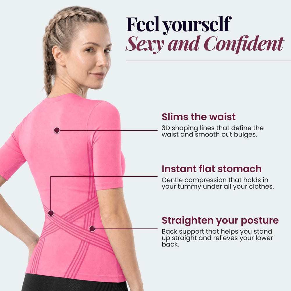 Three features of the 3D Sculpting T-Shirt: waist, midsection and posture