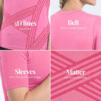 Close-up details of the 3D Sculpting T-Shirt: knitted 3D lines, back band, fitted sleeves and fabric