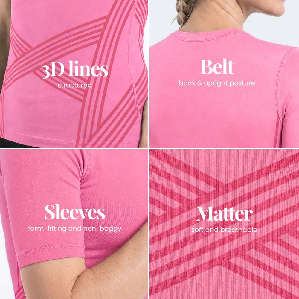 Close-up details of the 3D Sculpting T-Shirt: knitted 3D lines, back band, fitted sleeves and fabric