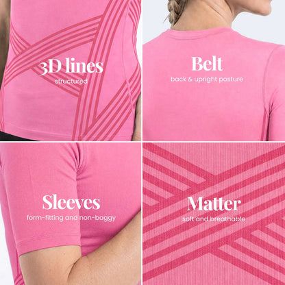 Close-up details of the 3D Sculpting T-Shirt: knitted 3D lines, back band, fitted sleeves and fabric