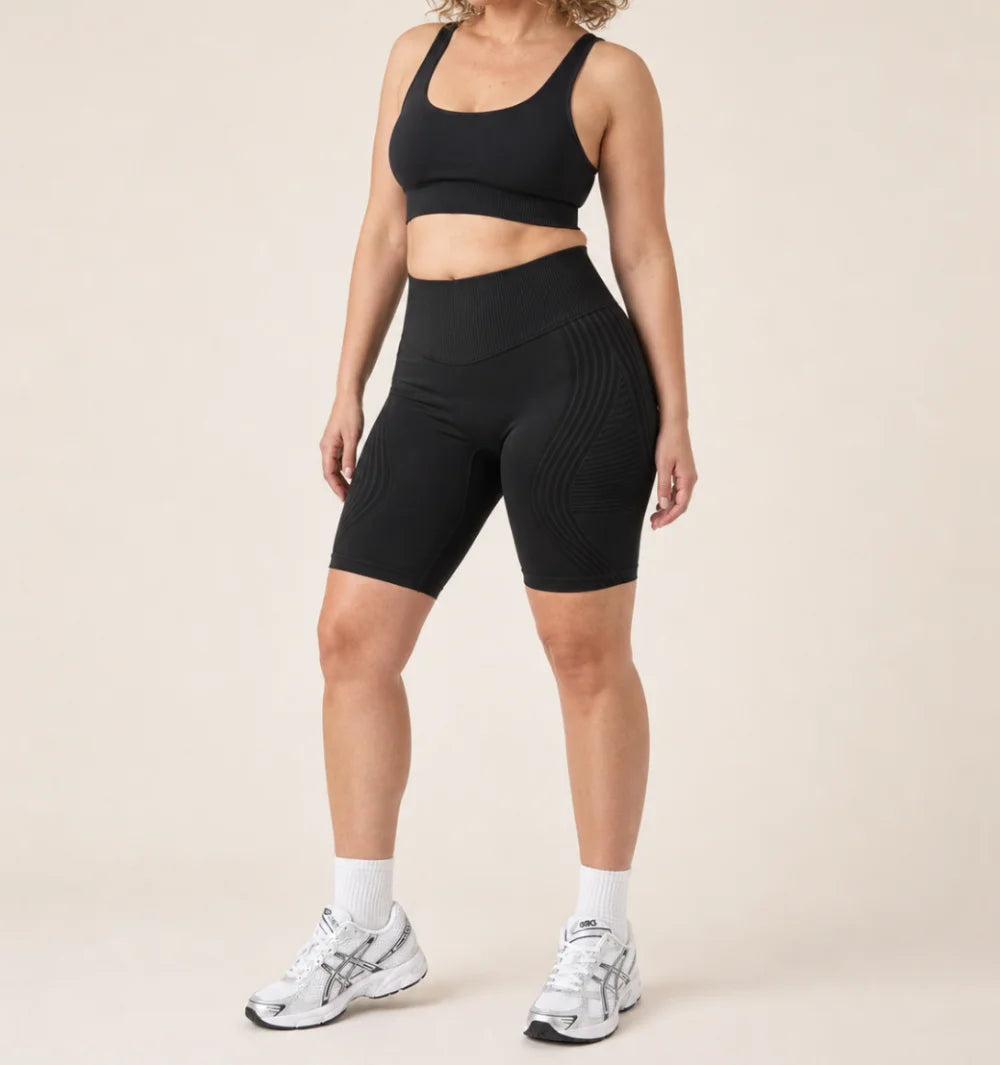 3D Shorts in Black, front view of the seamless knit with raised 3D panels