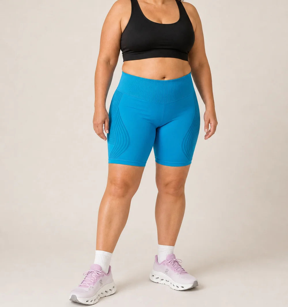 3D Shorts in Blue, front view of the seamless knit with raised 3D panels