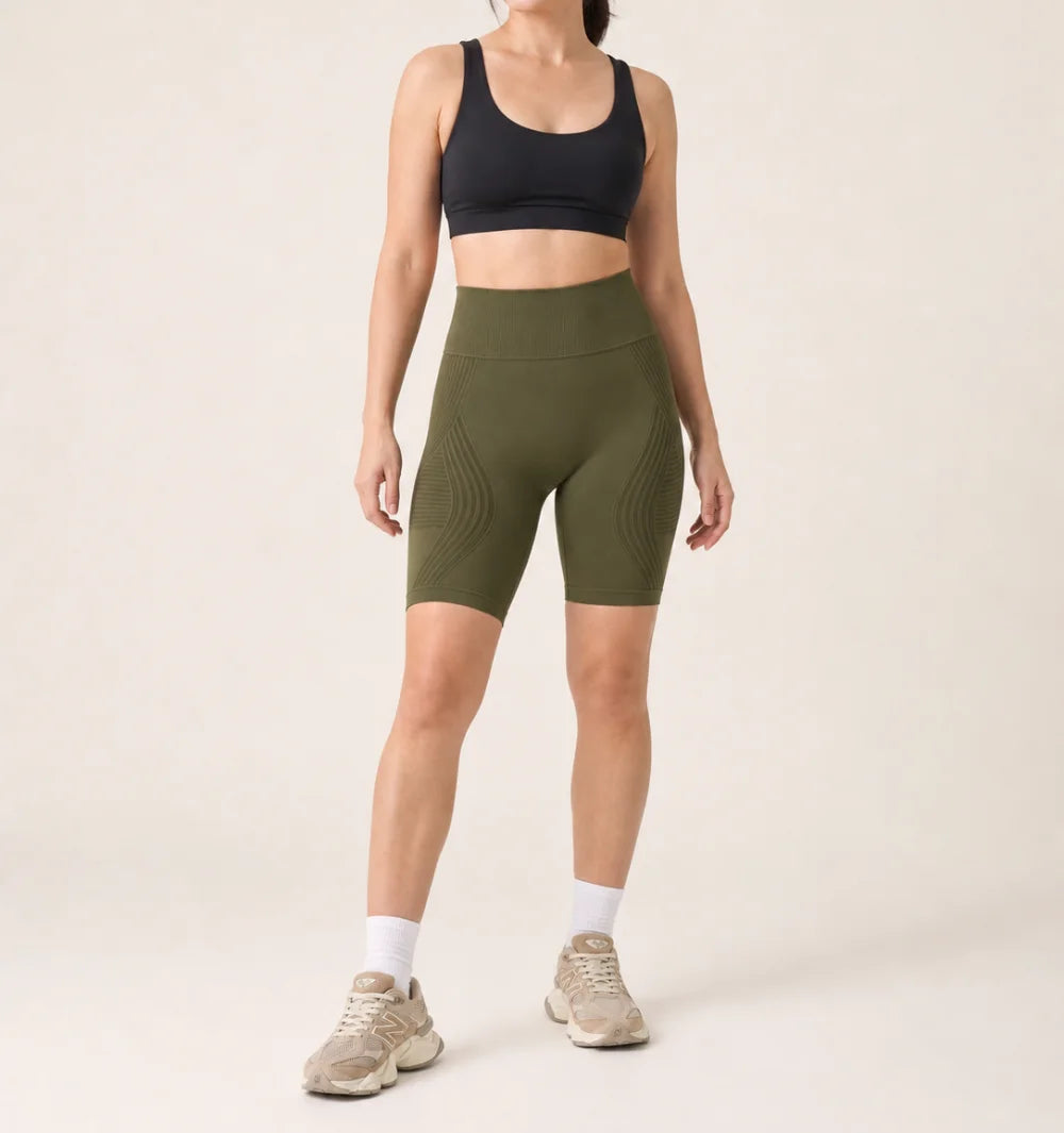 3D Shorts in Olive Green, front view of the seamless knit with raised 3D panels