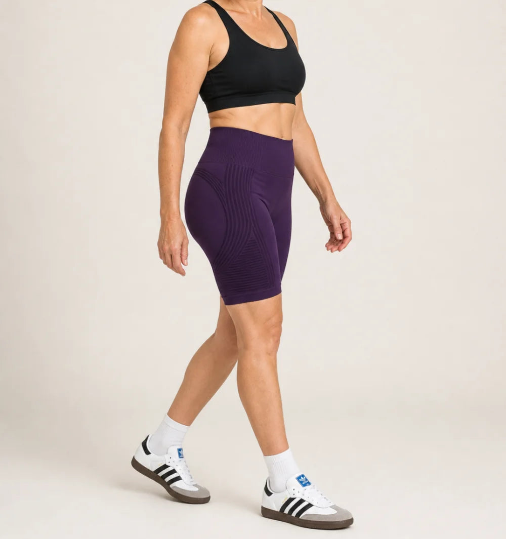 3D Shorts in Deep Purple, side view of the seamless knit with raised 3D panels