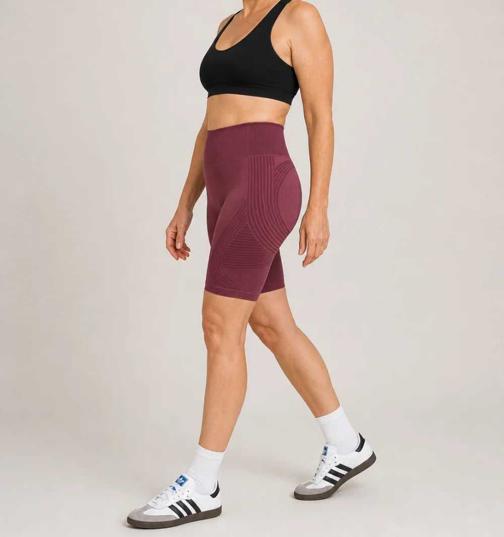 3D Shorts in Wine Red, side view of the seamless knit with raised 3D panels