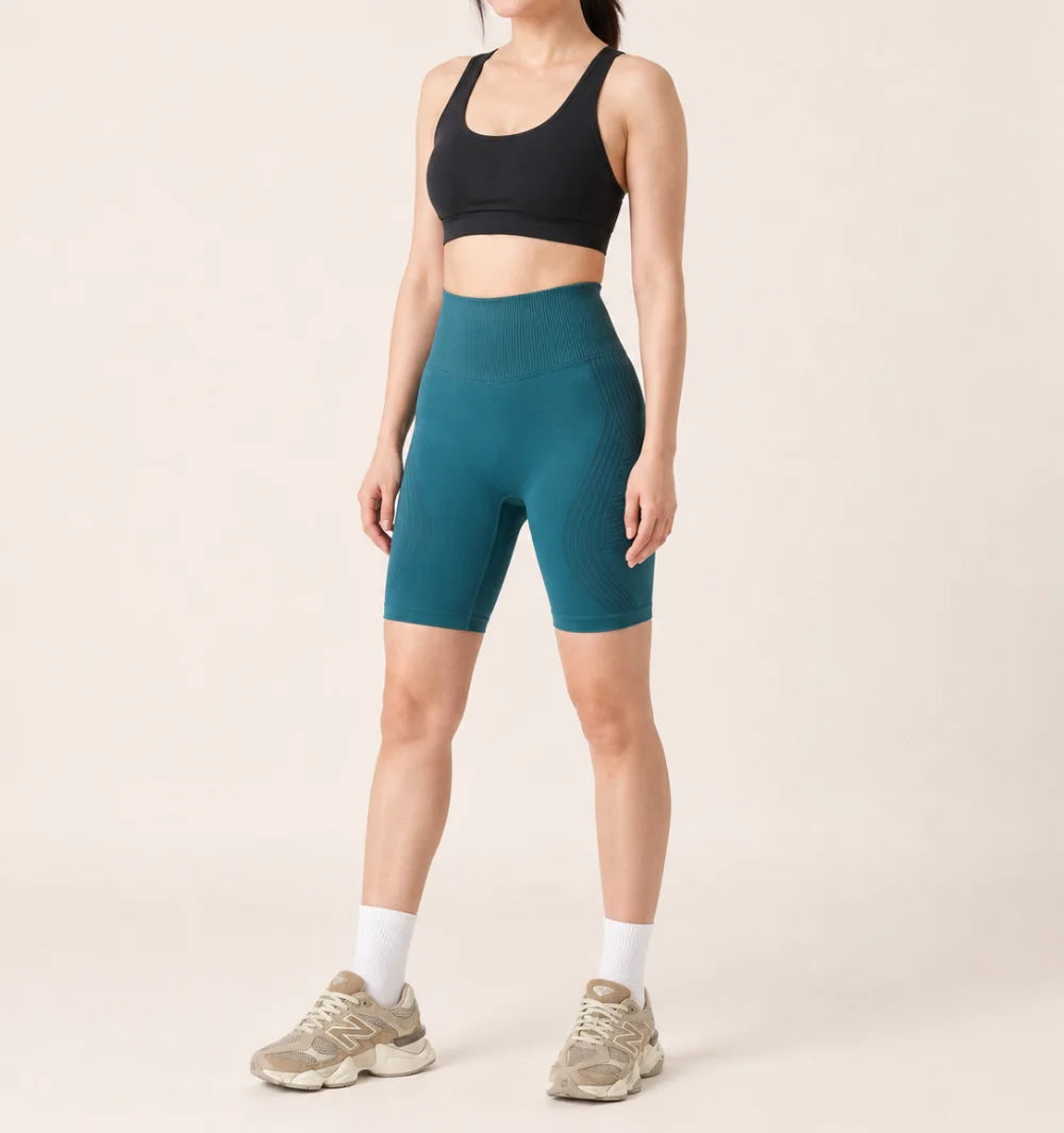 3D Shorts in Teal, front view of the seamless knit with raised 3D panels