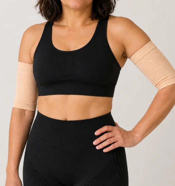 3D Sculpting Arm Sleeves in Beige, worn on both arms, front view