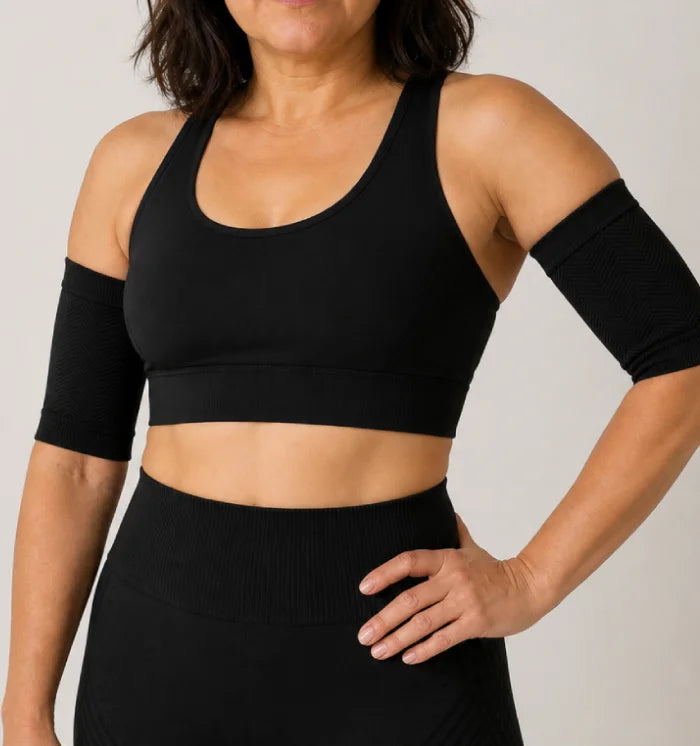 3D Sculpting Arm Sleeves in Black, worn on both arms, front view