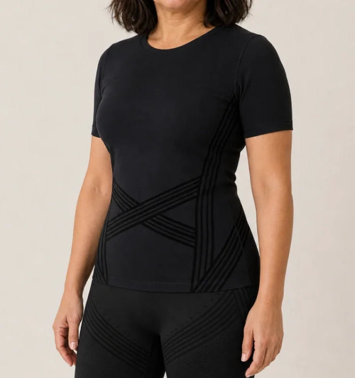 3D Sculpting T-Shirt in Black, front view showing the criss-cross 3D knit at the waist