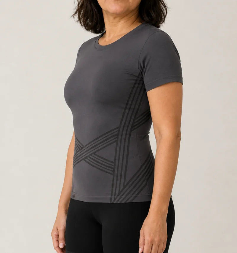 3D Sculpting T-Shirt in Dark Gray, front view showing the criss-cross 3D knit at the waist