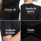 Close-up details of the 3D Sculpting T-Shirt: knitted 3D lines, back band, fitted sleeves and fabric