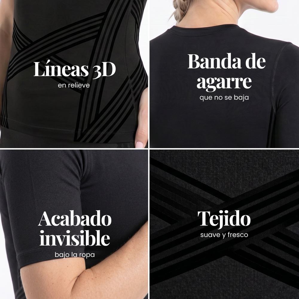 Close-up details of the 3D Sculpting T-Shirt: knitted 3D lines, back band, fitted sleeves and fabric