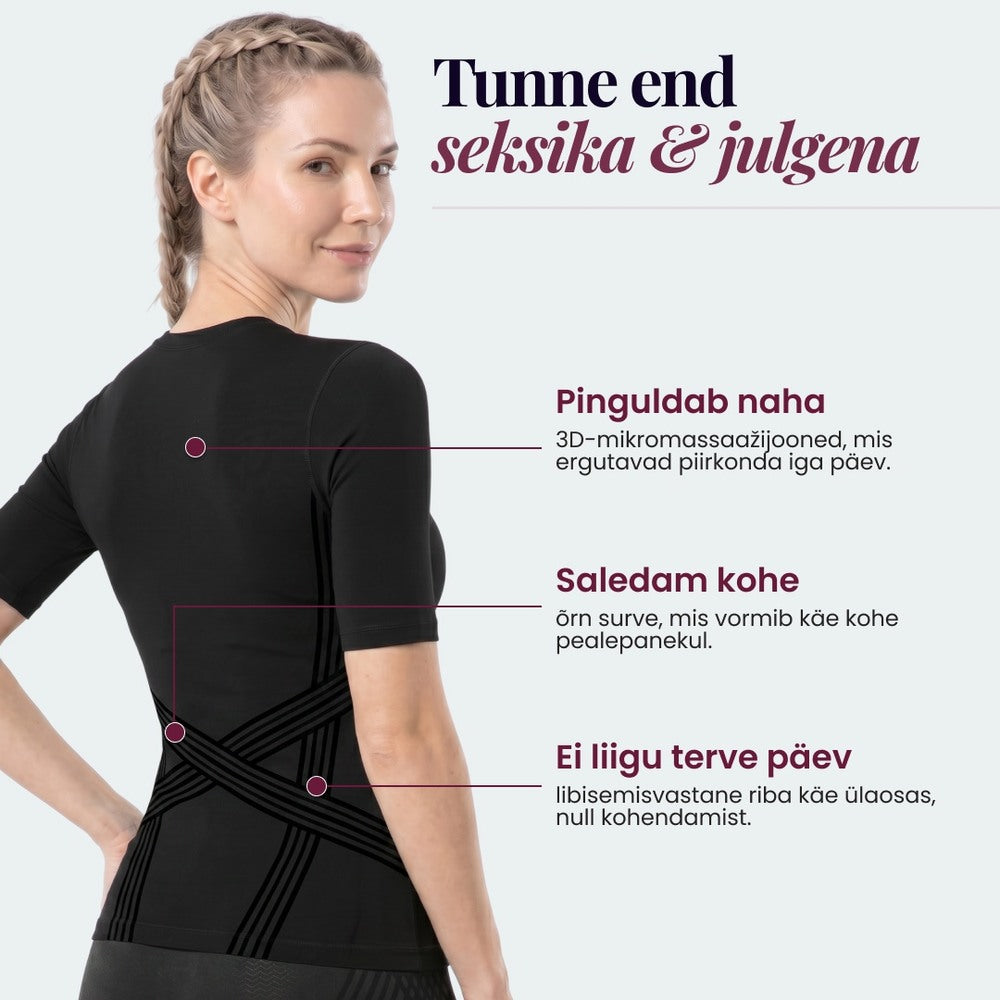 Three features of the 3D Sculpting T-Shirt: waist, midsection and posture