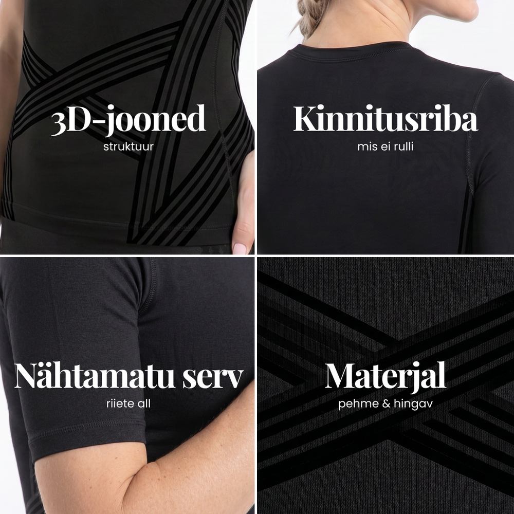 Close-up details of the 3D Sculpting T-Shirt: knitted 3D lines, back band, fitted sleeves and fabric