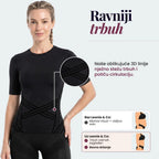 Woman wearing the Leonie & Co 3D Sculpting T-Shirt in black, knitted crossed shaping lines visible at the waist