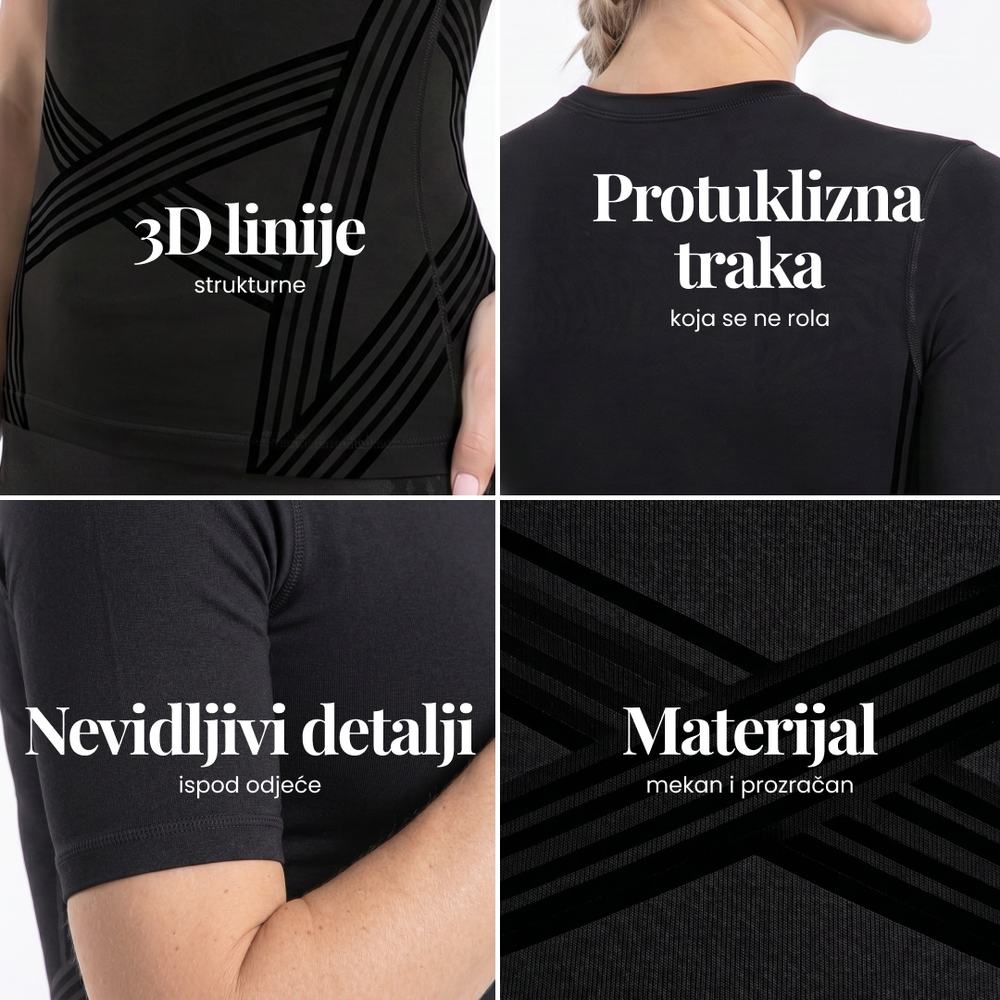 Close-up details of the 3D Sculpting T-Shirt: knitted 3D lines, back band, fitted sleeves and fabric