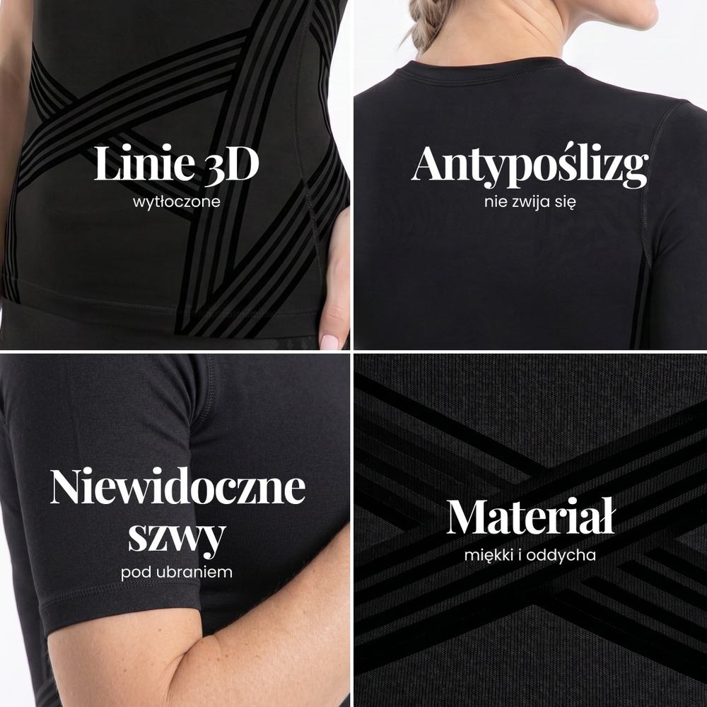 Close-up details of the 3D Sculpting T-Shirt: knitted 3D lines, back band, fitted sleeves and fabric