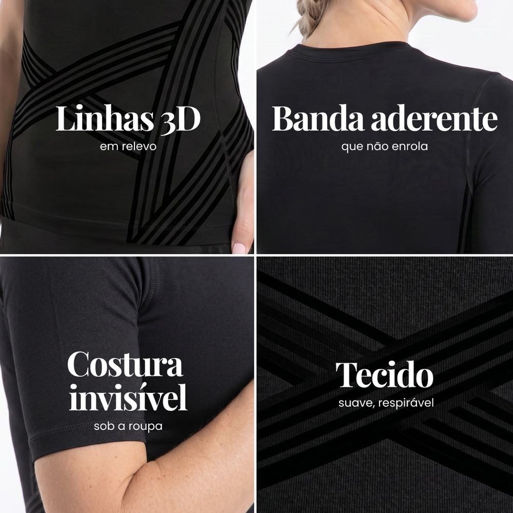 Close-up details of the 3D Sculpting T-Shirt: knitted 3D lines, back band, fitted sleeves and fabric