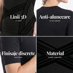 Close-up details of the 3D Sculpting T-Shirt: knitted 3D lines, back band, fitted sleeves and fabric