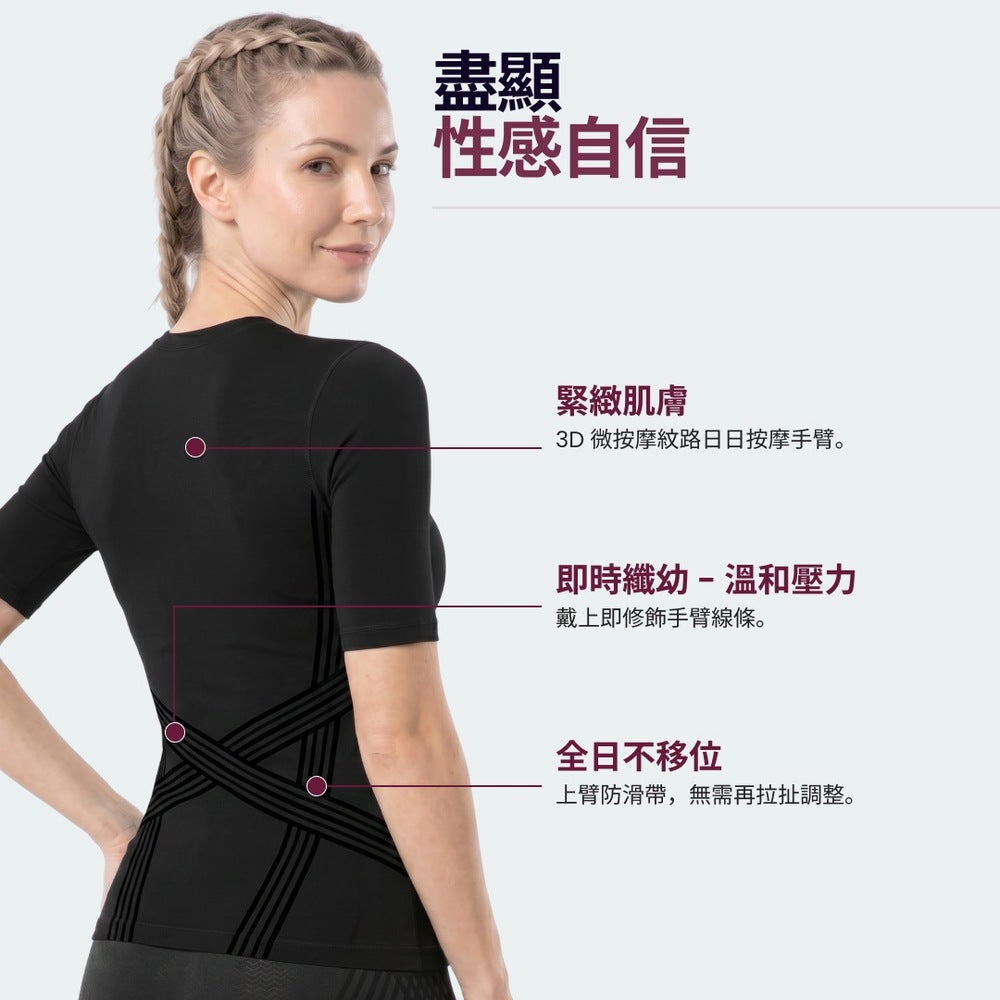 Three features of the 3D Sculpting T-Shirt: waist, midsection and posture