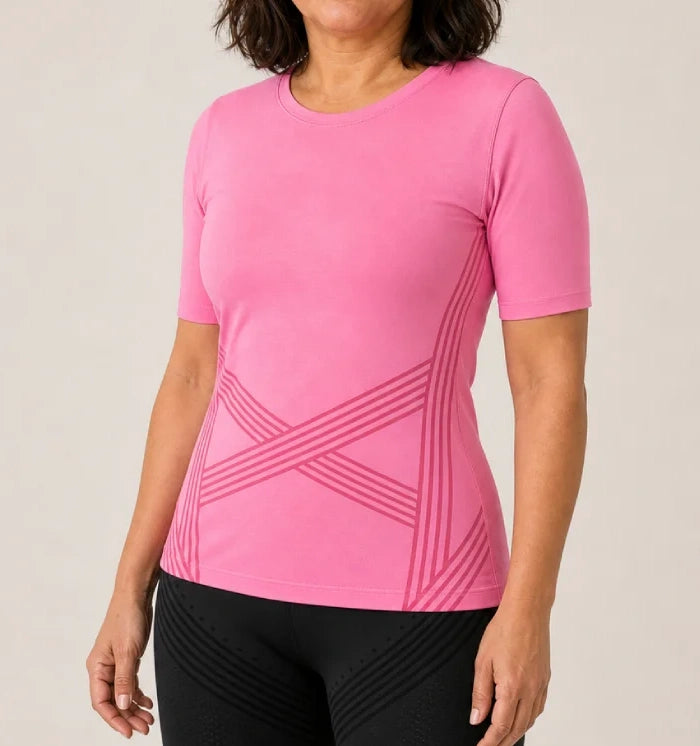 3D Sculpting T-Shirt in Pink, front view showing the criss-cross 3D knit at the waist